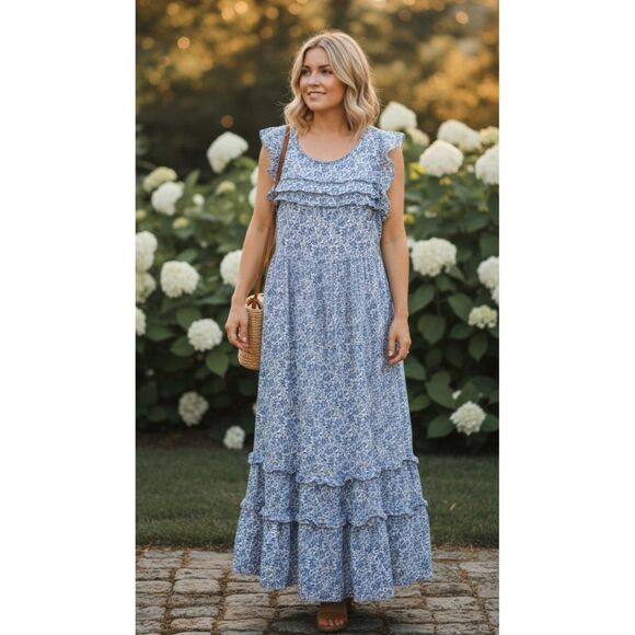 Universal Thread Dress Wn M Blue Ditsy Floral Midi Tiered Ruffle Cottage Peasant - Picture 1 of 12
